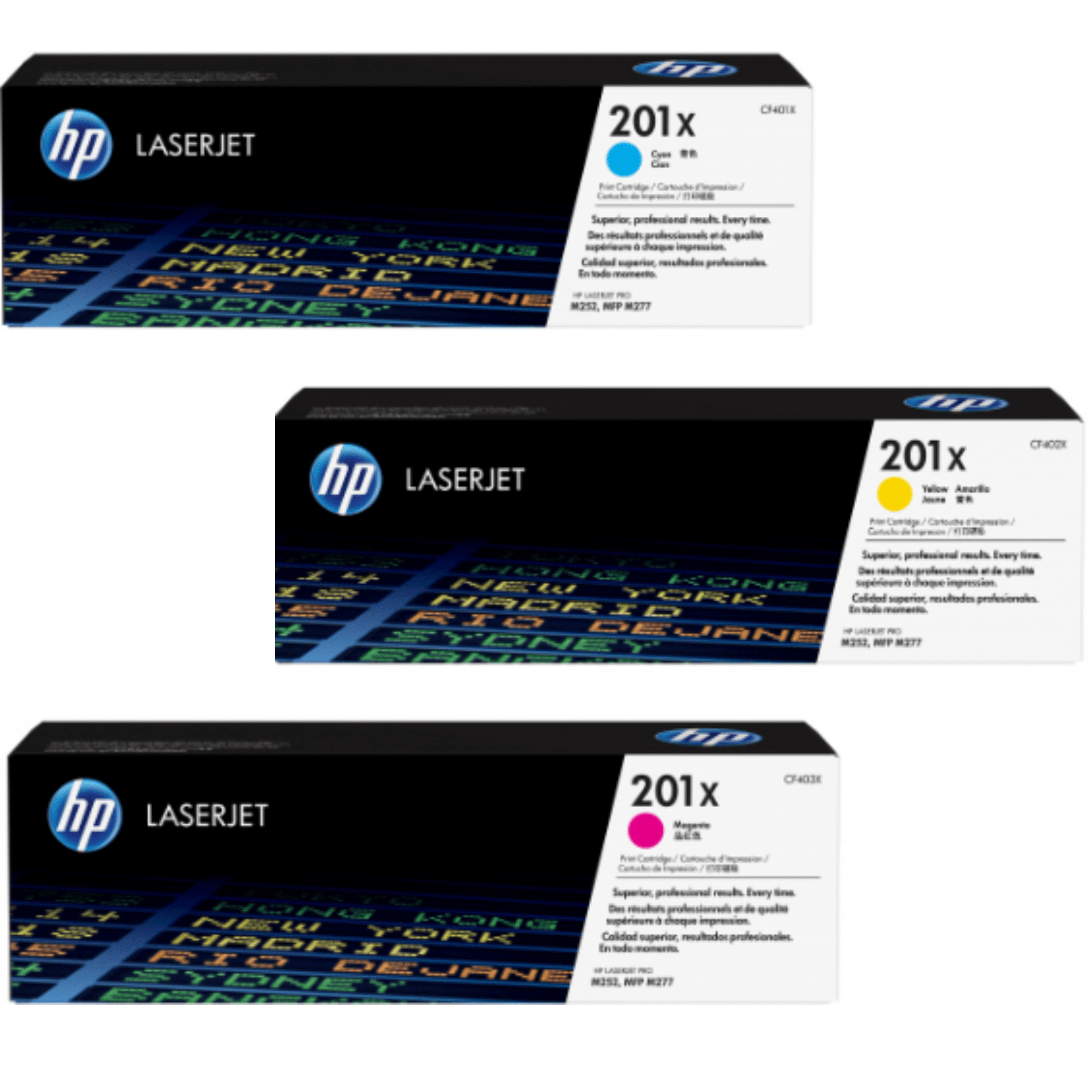 Kit 3 HP 201X (CF401X-CF402X-CF403X, de 2,300 páginas)
