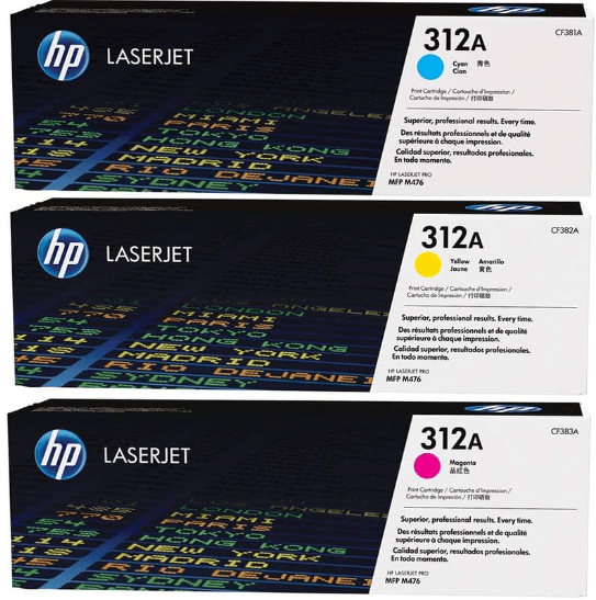 Kit 3 HP 312A (CF381A-CF382A-CF383A, de 2,700 páginas)