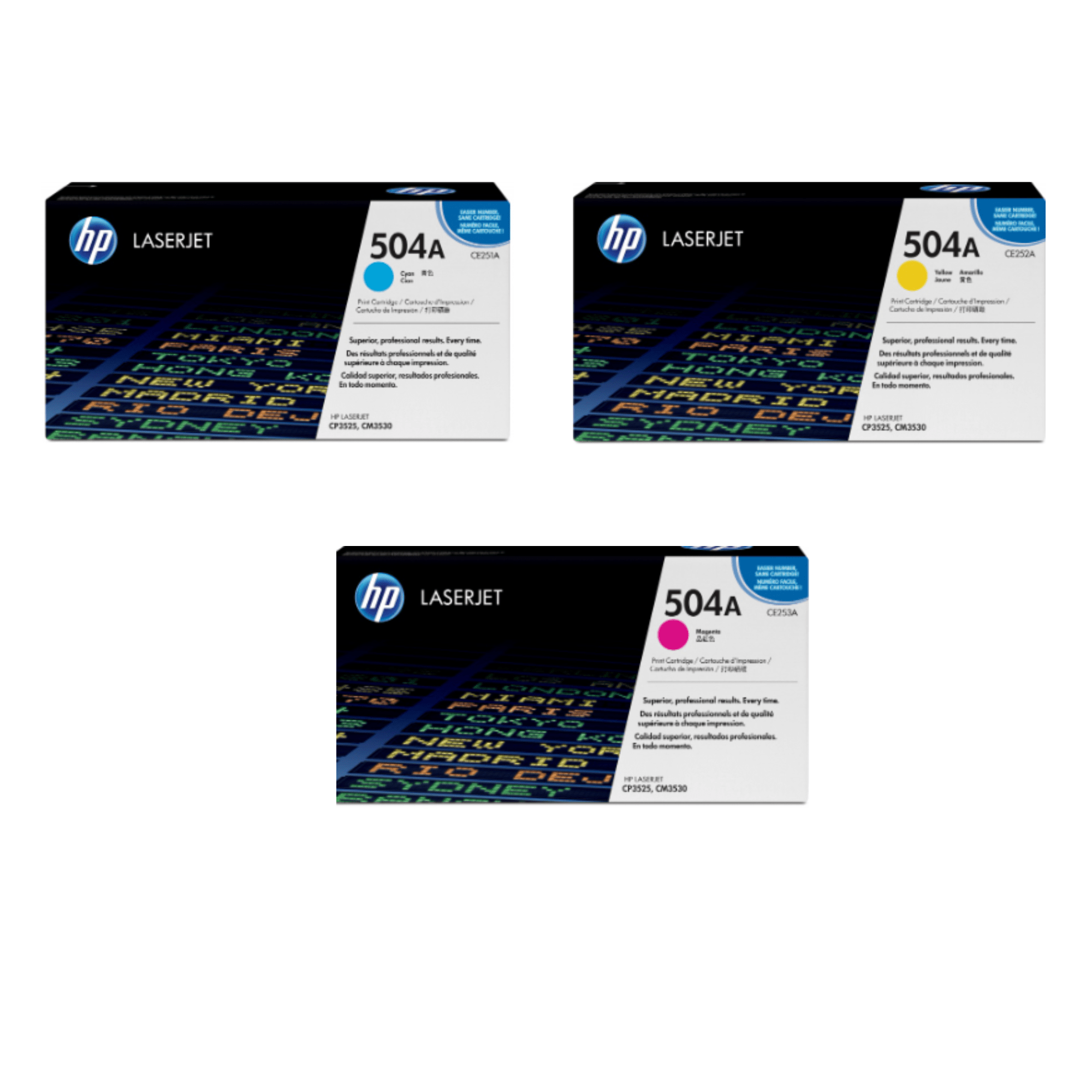 Kit 3 HP 504A (CE251A-CE252A-CE253A, de 5,000 páginas)