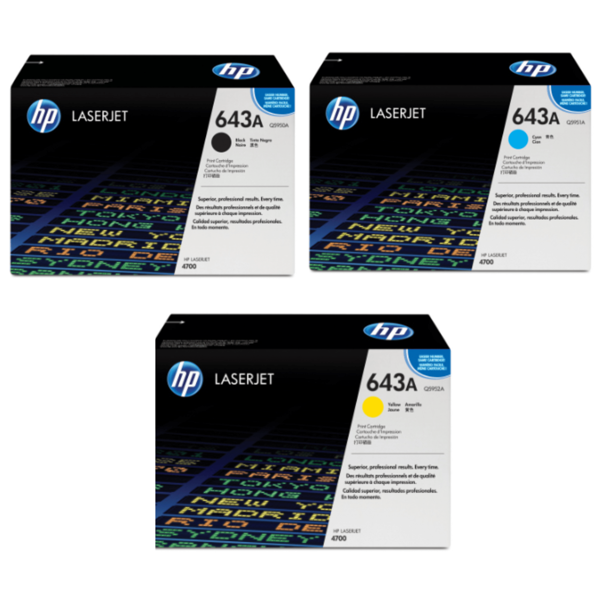 Kit 3 HP 643A (Q5951A-Q5952A-Q5953A, de 11,000 páginas)
