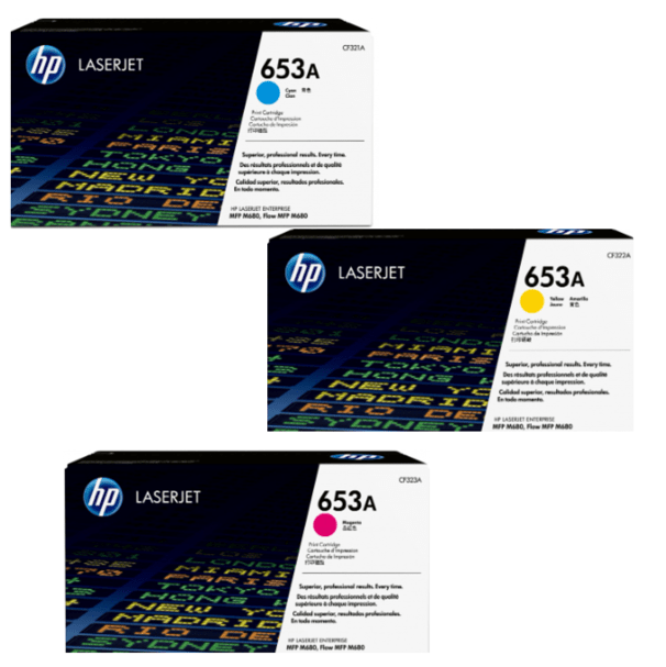 Kit 3 HP 653A (CF321A-CF322A-CF323A, de 16,500 páginas)