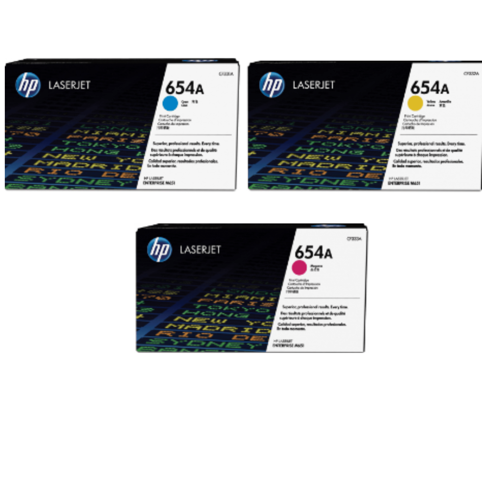 Kit 3 HP 654A (CF331A-CF332A-CF333A, de 15,000 páginas)