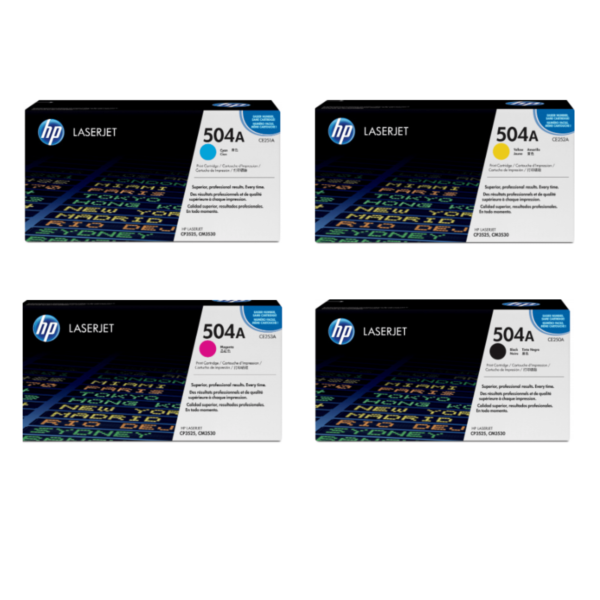 Kit 4 HP 504A (CE250A-CE251A-CE252A-CE253A, de 5,000 páginas)